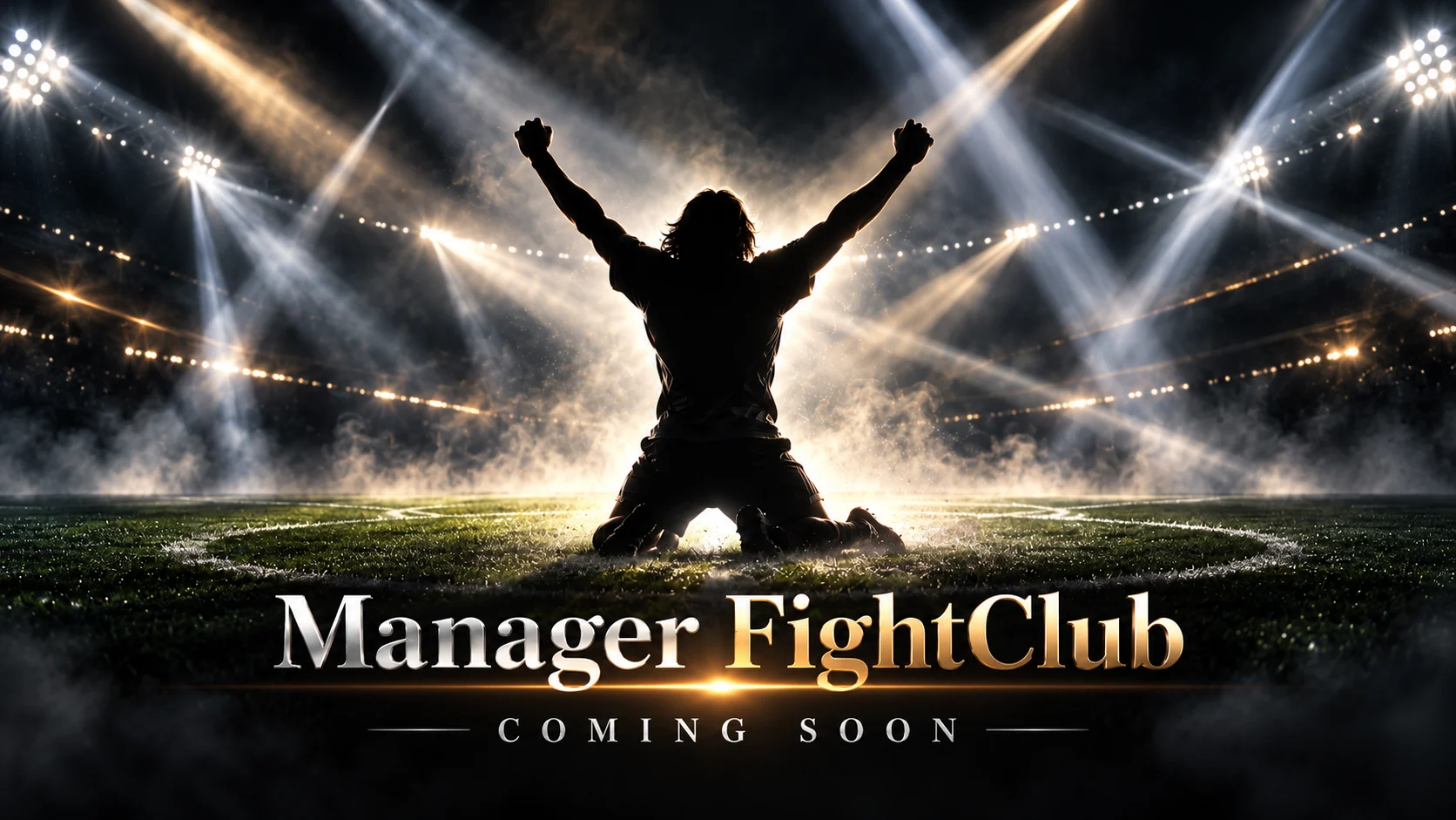 Ein Spieler feiert unter Flutlicht. Manager Fight Club — Coming soon.